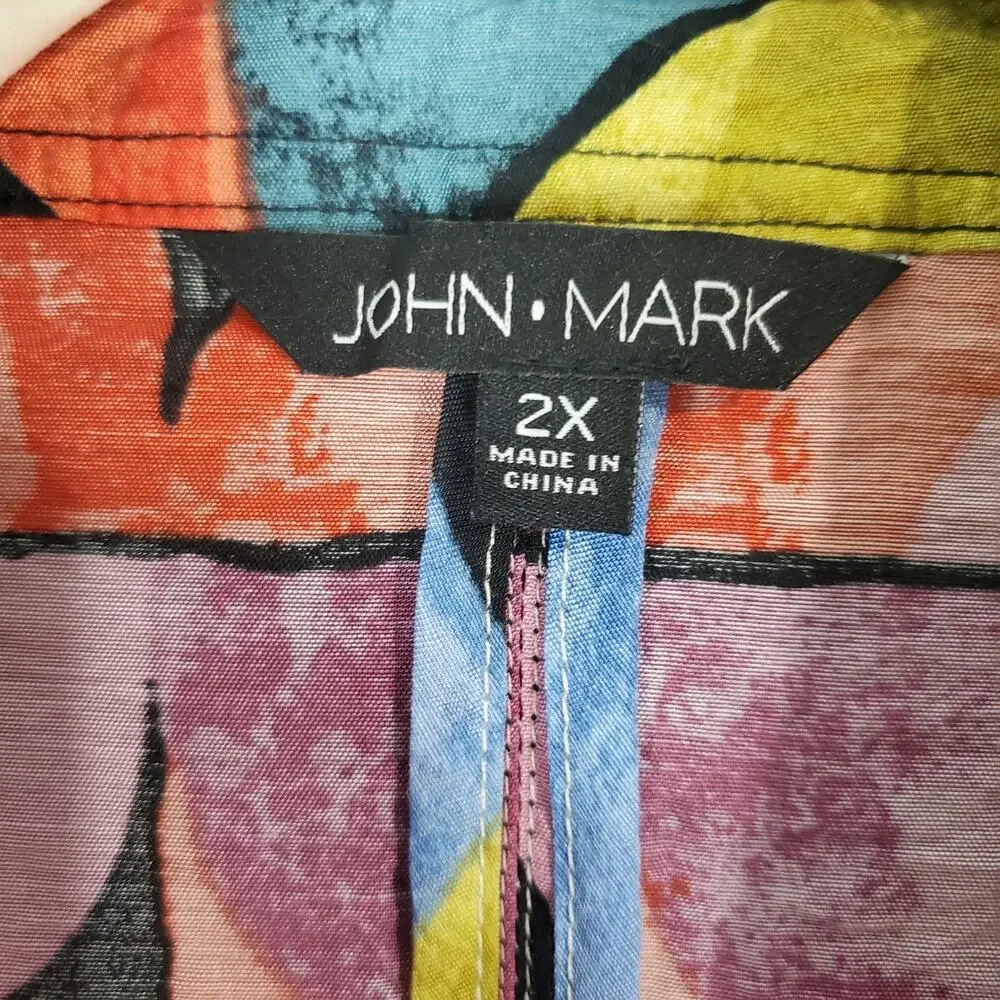 John Mark Artsy Boho LS Button Tunic Top Colorful Abstract Blouse Lagenlook 2X